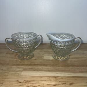 Vintage Anchor Hocking Moonstone Opalescent Hobnail Glass Sugar Bowl & Creamer